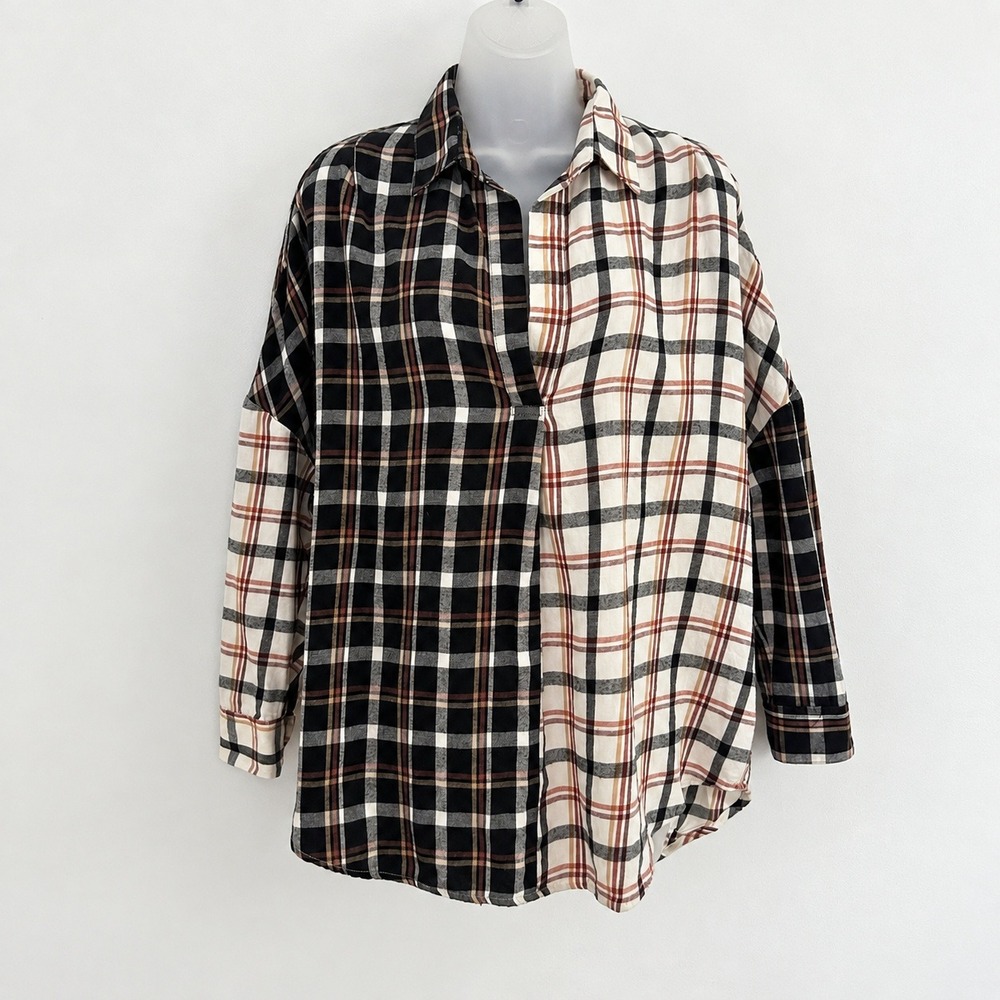 French Connection Womens Popover Black White Plaid Flannel Blouse Small
